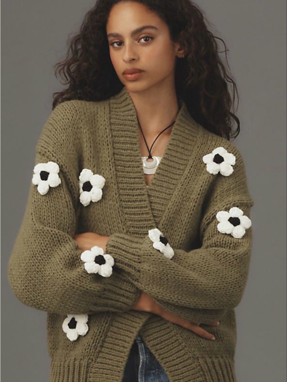 Anthropologie Olive Green Chunky Cardigan with White Crochet Flowers